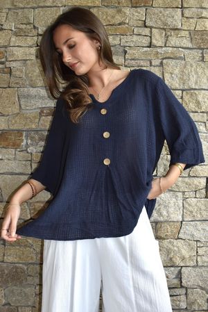 Andi Basket Linen Blend Top Navy